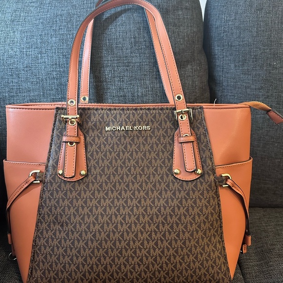 Michael Kors Handbags - Michael Kors Brown & Tan Logo Tote with Gold Hardware